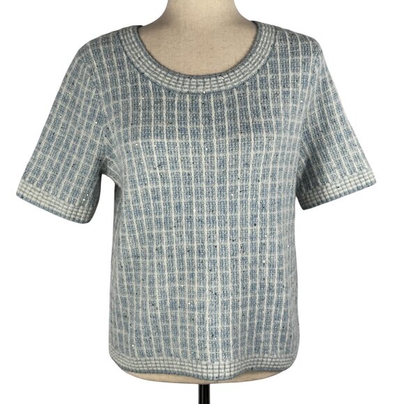 Like new! Talbots Crewneck Sweater - Sequin Plaid in Blue White Silver Sz Medium - Picture 2 of 10